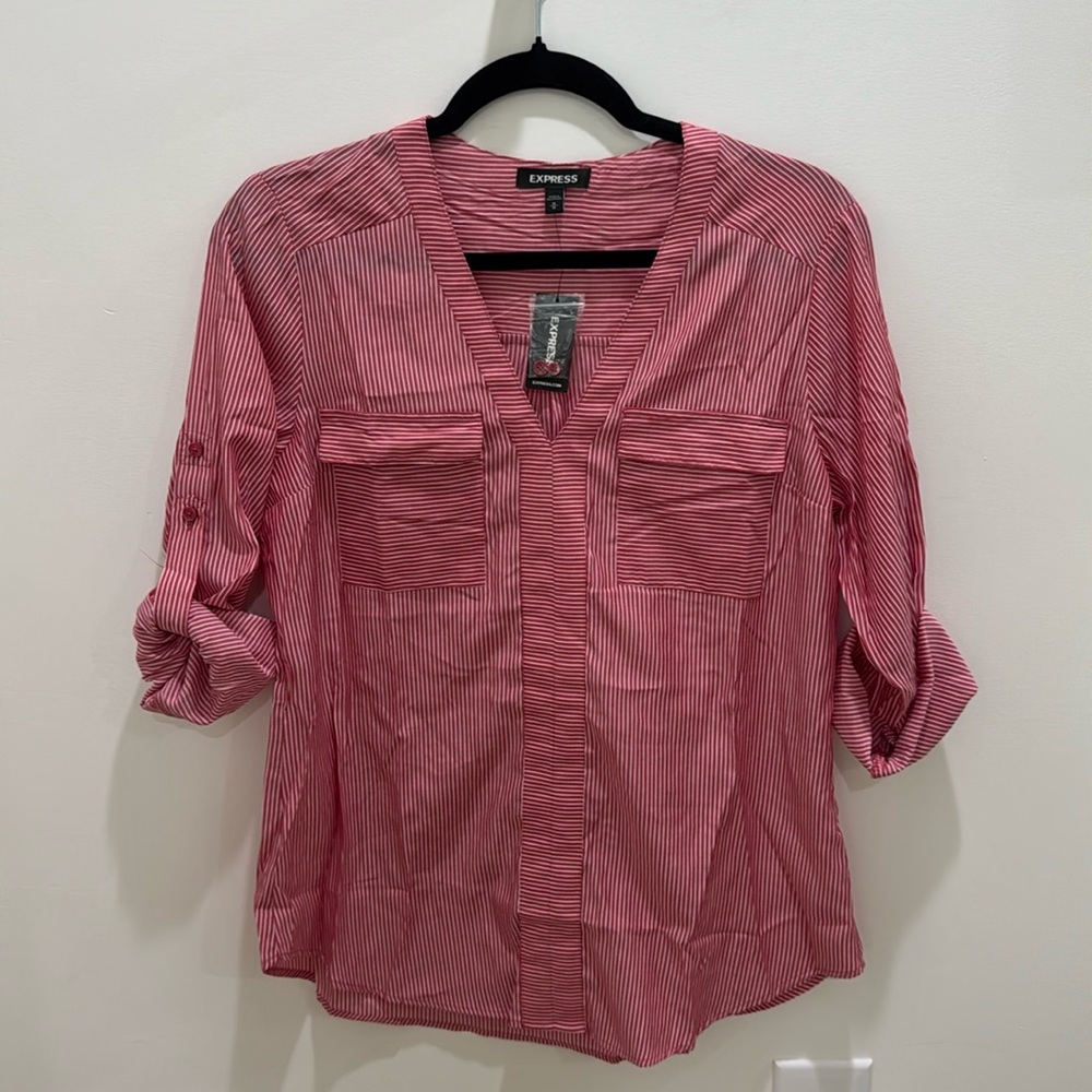 Red Striped Blouse with Pockets and Roll-Up Sleeves